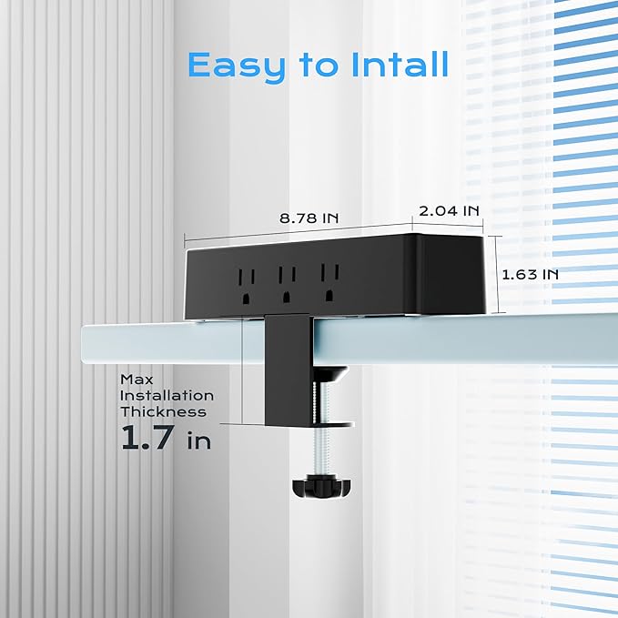 Flat Plug Desk Clamp Power Strip 10FT, 40W Total Fast Charging Station