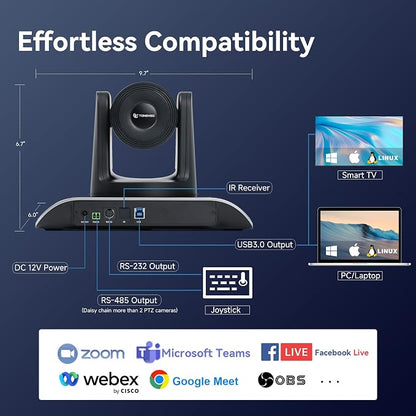 TONGVEO 4K PTZ Camera with AI-Powered Auto-Tracking 5X Digital Zoom USB 3.0