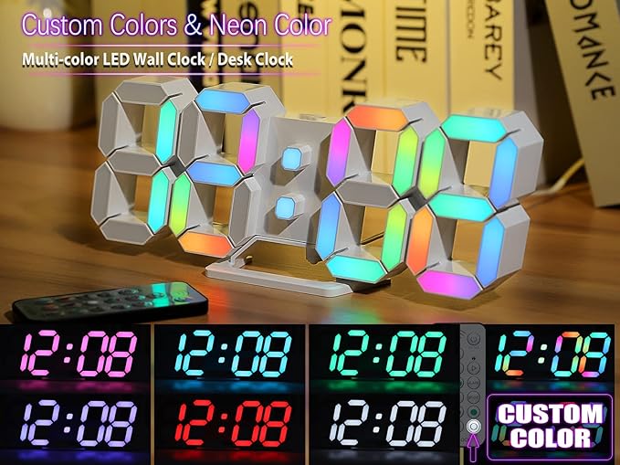 KOSUMOSU Wall Clock Neon Digital Clock 3D LED Desk Clock Large Display 9.7" RGB