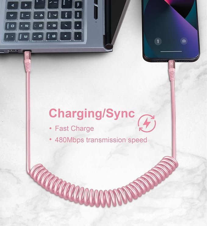 KIYODA USB C to Lightning Cable 3FTfor Car, Coiled iPhone Charger Fast Charging