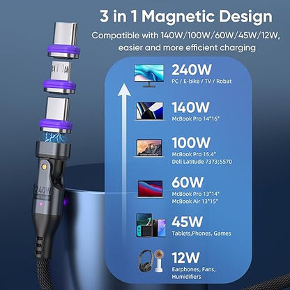 240W Rotating USBC to USB C Magnetic Data Cable, 3ft