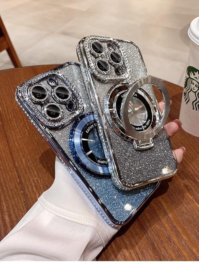 Magnetic Kickstand Case for iPhone 15 14 13 12 Pro Max Sparkling Diamond Cover