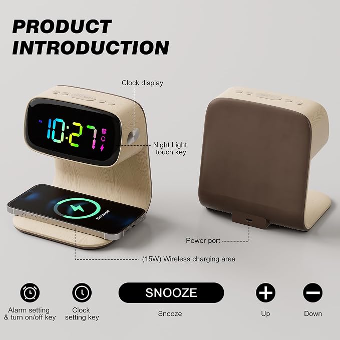 Digital Alarm Clock with Wireless Fast Charging Station 15W Touch Smart Lamp