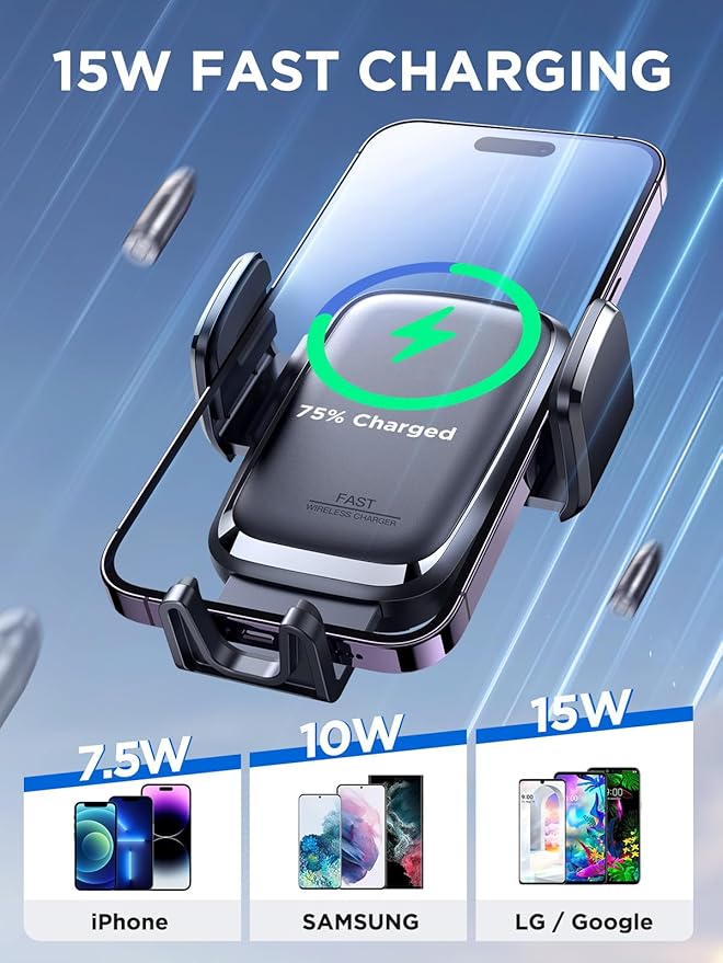 Wireless Car Charger, 15W Qi Fast Charging Auto Clamping Car Charger Phone