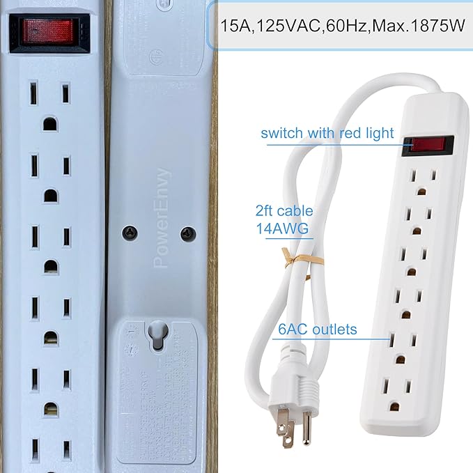 6-Outlet Surge Protector 2pk – 250 Joules, 2ft Cord, 1875W Max – Right Angle