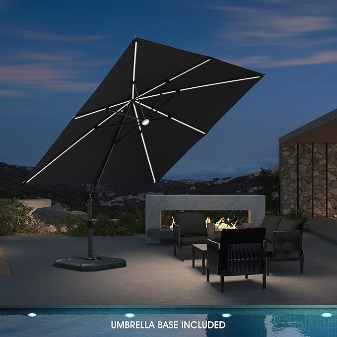 PURPLE LEAF 10 Feet Patio Umbrella with Base Outdoor Cantilever Solar Powered LED Square Umbrella Aluminum Offset Umbrella with 360-degree Rotation for Garden Deck Pool Patio, Grey