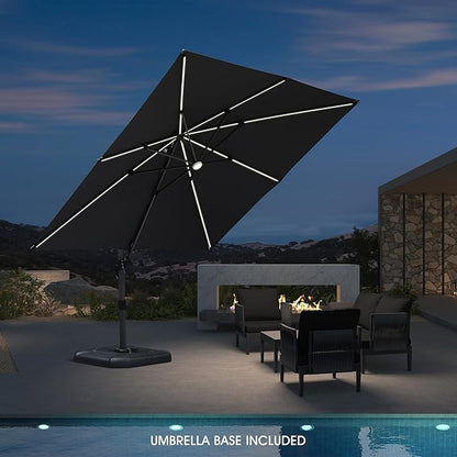 PURPLE LEAF 10 Feet Patio Umbrella with Base Outdoor Cantilever Solar Powered LED Square Umbrella Aluminum Offset Umbrella with 360-degree Rotation for Garden Deck Pool Patio, Grey