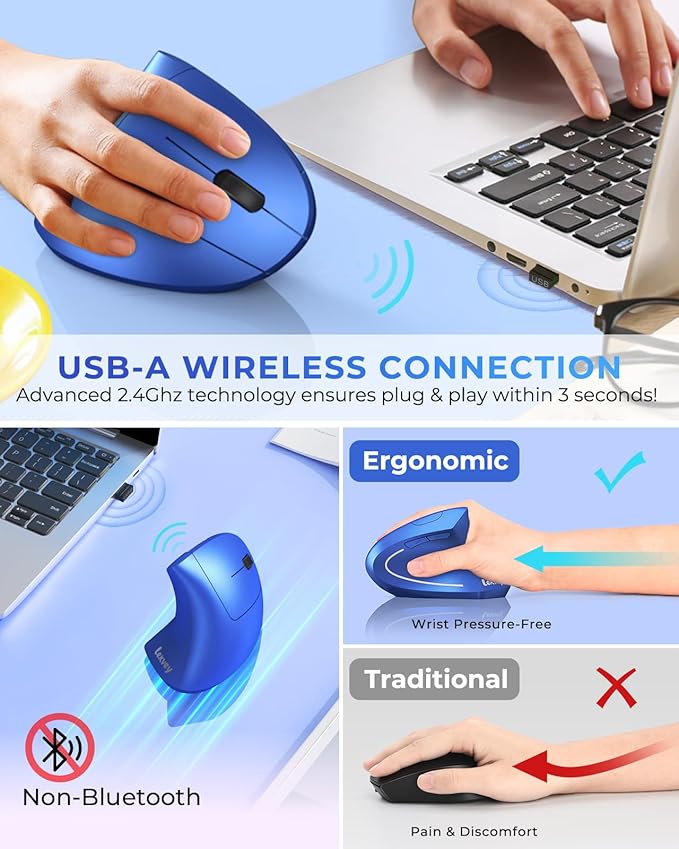 Lekvey Ergonomic Mouse, Vertical Wireless Mouse Rechargeable 2.4G USB Optical