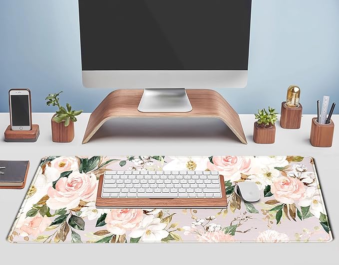 Pink Flowers Keyboard Pad PC Gaming Desk Mat Desk Mouse Pads Green Leaves