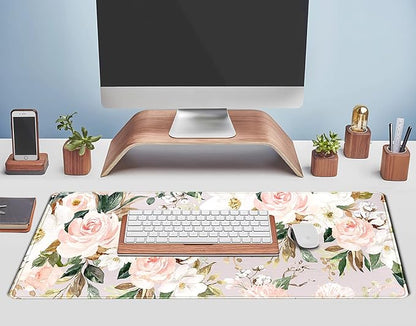 Pink Flowers Keyboard Pad PC Gaming Desk Mat Desk Mouse Pads Green Leaves