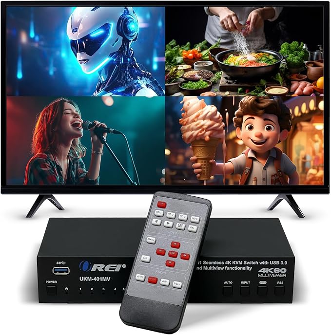 OREI 4x1 KVM HDMI Seamless Switch Multiviewer, Share Multiple Devices, Gaming