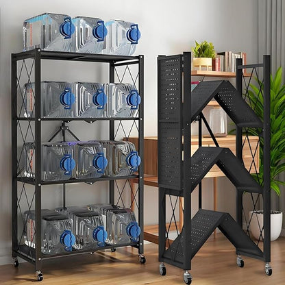 Kitchen Garage Metal Shelves, Storage Shelves Organizer, Foldable Metal Shelving, Closet Shelving Unit, 28" W x 14" D x 50" H Bakers Rack Microwave Stand, Plant Stand with Wheels (4-Tier Shelf)