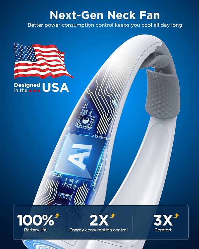 AI Neck Fan, 4 Speeds Adjustable Portable Personal Fan Rechargeable, 4000 mAh