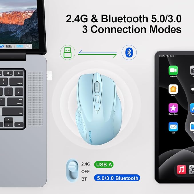 TECKNET Wireless Mouse Rechargeable 4800 DPI Silent USB A & Bluetooth Mouse 6