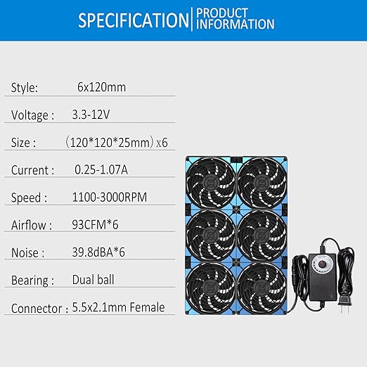 120mmx6 720mm Adjustable Computer PC Vent Fans 3V-12V Speed Controller