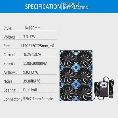120mmx6 720mm Adjustable Computer PC Vent Fans 3V-12V Speed Controller