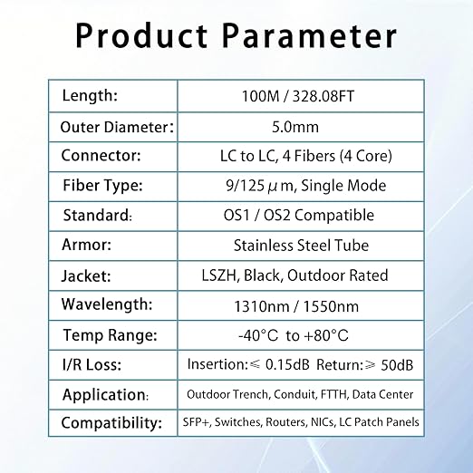 100M/328FT Outdoor Armored LC to LC Fiber Optic Cable, 4 Core OS2 Single Mode