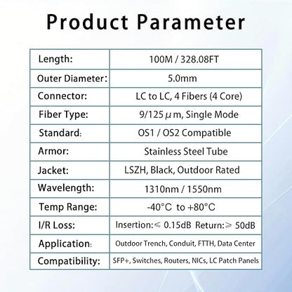 100M/328FT Outdoor Armored LC to LC Fiber Optic Cable, 4 Core OS2 Single Mode
