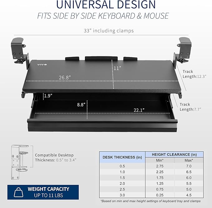 VIVO Large Height Adjustable Clamp-on Keyboard Tray, Extra Sturdy Pull Out