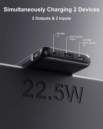 2-Pack 10000mAh Power Bank Fast Charging, 22.5W Compact USB C Portable Charger
