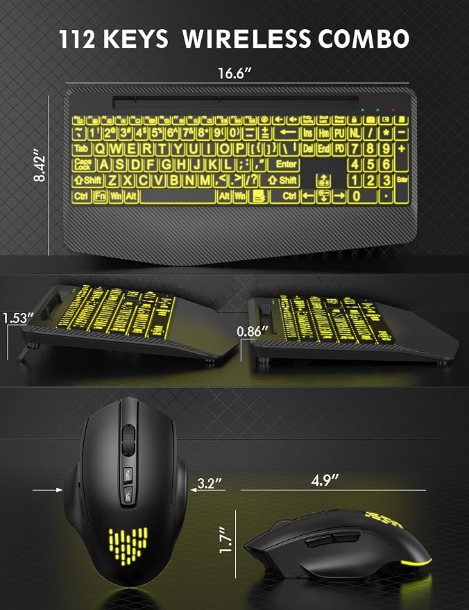 Wireless Keyboard and Mouse Backlits, Wrist Rest, LED Mouse, Rechargeable