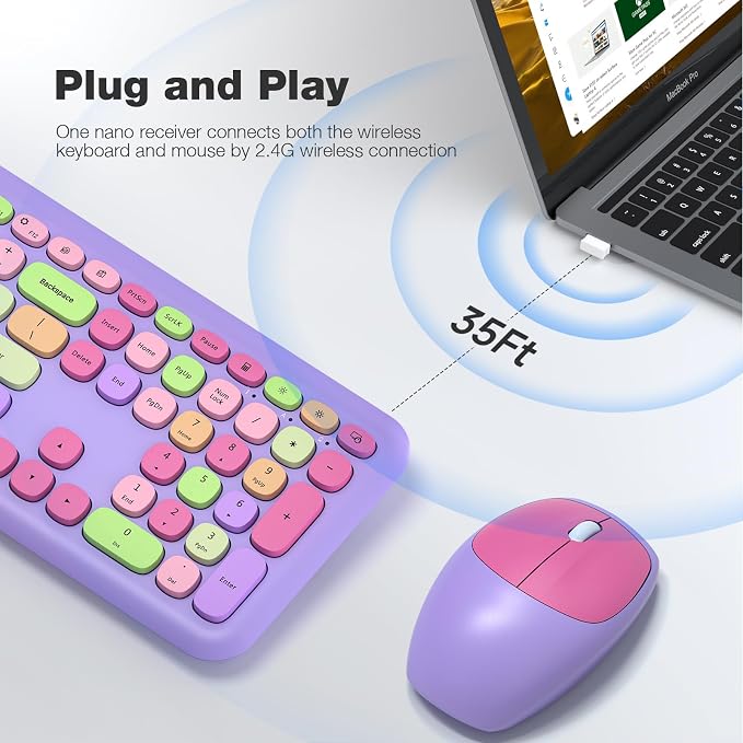 KNOWSQT Wireless Keyboard and Mouse Combo, Pale Purple Full-Sized 2.4G Silent