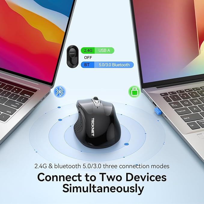 TECKNET Rechargeable Jiggler Wireless Mouse 4800 DPI Silent USB A & Bluetooth