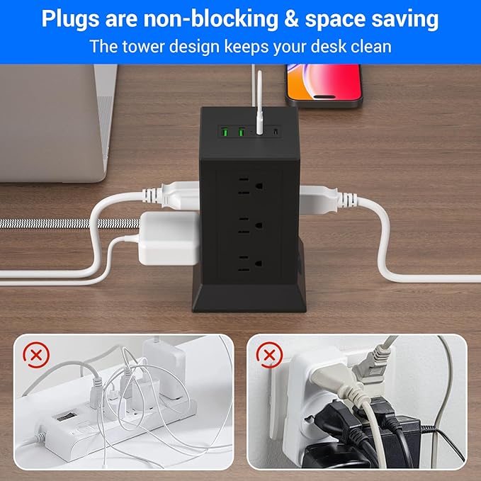 Power Strip Tower with Multiple Outlets 16.5 Ft Extension Cord Flat Plug with