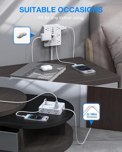 Extension Cord 25 Ft, HUNIAN Flat Plug Power Strip Surge Protector, 12 Widely