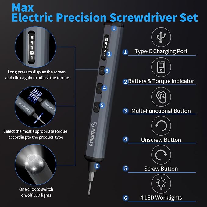 STREBITO Mini Electric Screwdriver Set, 70-in-1 Max Precision Electric