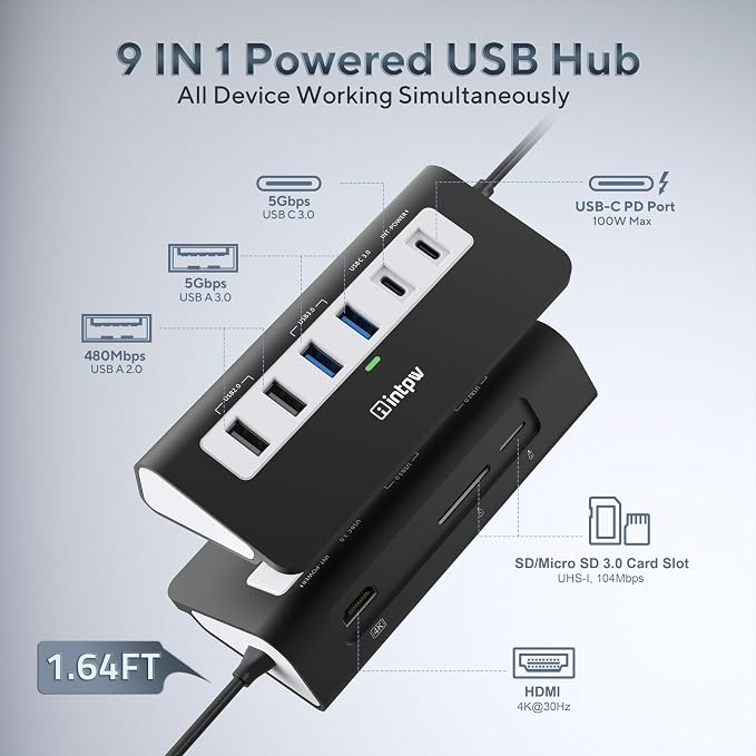 USB C Hub, INTPW 9-in-1 USB Multiport Adapter