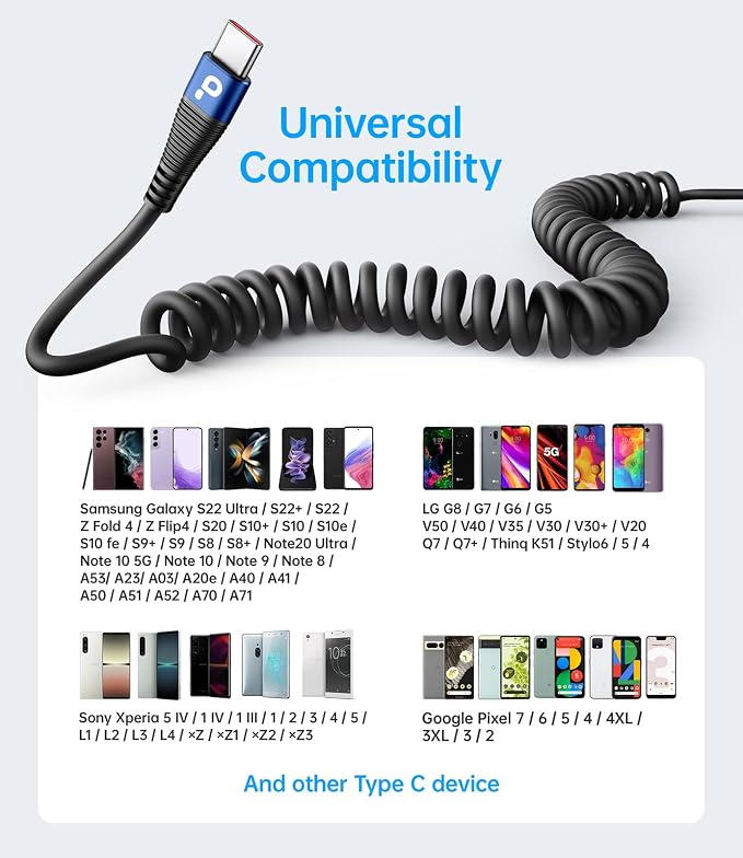 USB C Cable 3ft 2Pack Coiled USB A to USB C Charge Cord