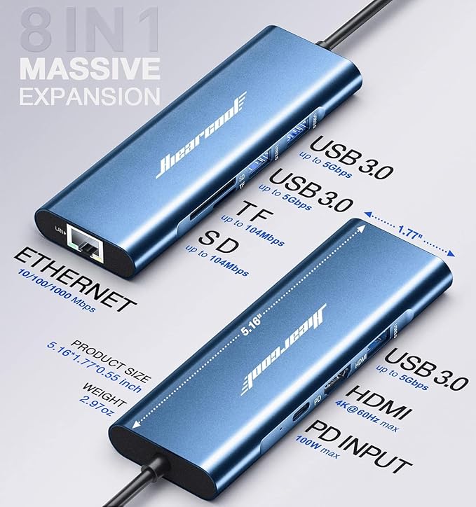 Hiearcool USB C Hub, 8in1 USB-C to 4K 60Hz HDMI Docking Station, USBC Ethernet