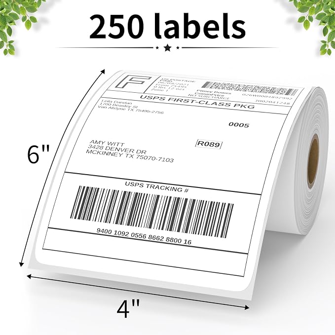 FungLam 4"X6" Thermal Shipping Labels, 4X6 Labels, Perforated, 250 Labels