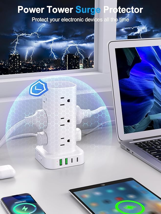 Power Strip Tower with Wireless Charger, Flat Plug Surge Protector Tower with