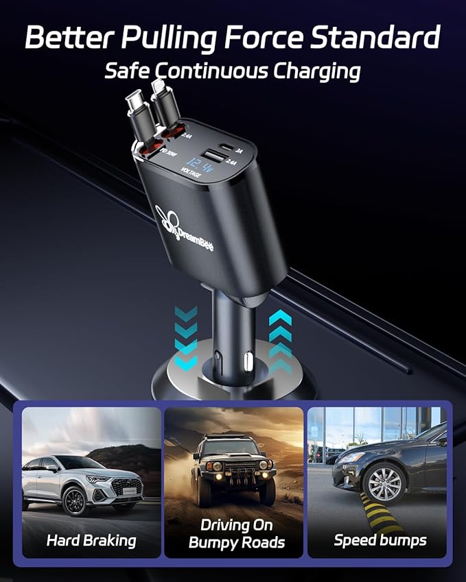 DreamBee Retractable Car Charger, 66W 4 in 1 Super Fast Charge Car Phone Charger