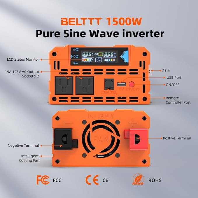 BELTTT 1500W Pure Sine Wave Inverter 12V to 120V AC, Car Power Inverter 12V to