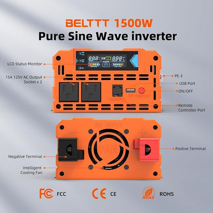 BELTTT 1500W Pure Sine Wave Inverter 12V to 120V AC, Car Power Inverter 12V to