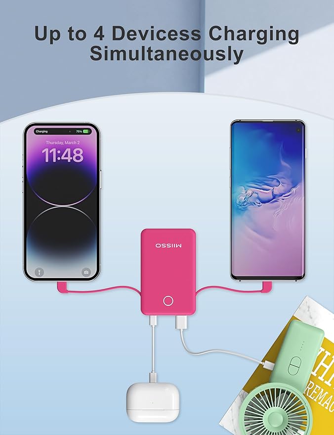 miisso 6000mah Ultra Slim Built in Cables Power Bank, Card Size Built in USB C