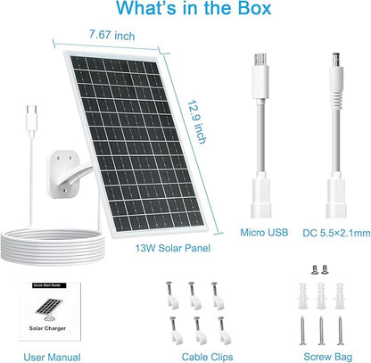 FUTUREZEN 13W Solar Panel for Security Cameras & Trail Cameras, Micro USB &