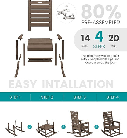 SERWALL Outdoor Rocking Chair, Oversized Rocking Chair with Footrest for Adults, HDPE All Weather Resistant Rocking Chairs for Patio, 350lbs Weight Capacity, Coffee