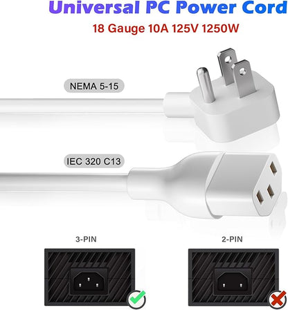 Adoreen 10 Ft Computer TV Replacement Power Cord White, Low Profile Flat Plug
