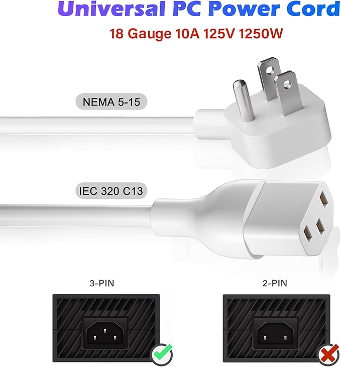 Adoreen 20 Ft Computer TV Replacement Power Cord White, Low Profile Flat Plug