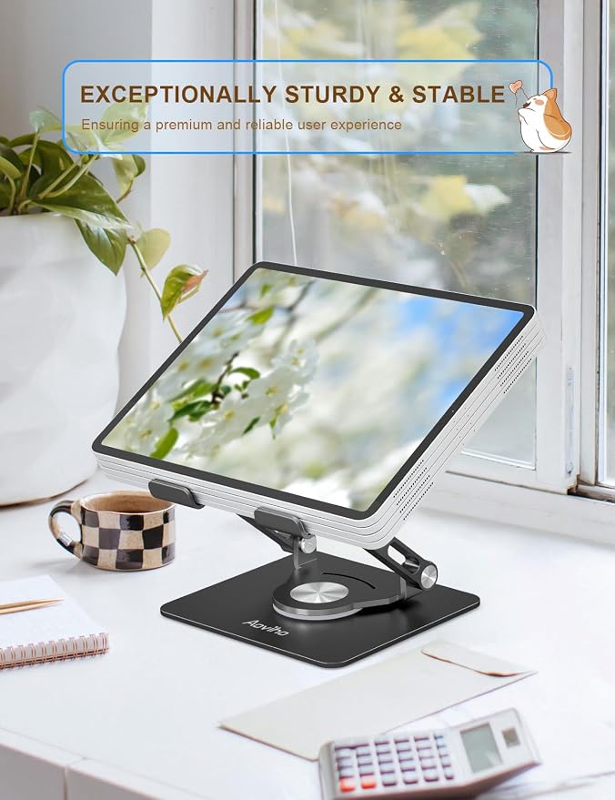 Tablet Stand 360° Rotating Aluminum Holder, Adjustable, Portable and Foldable