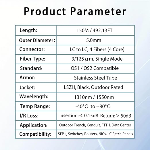 150M/492FT Outdoor Armored LC to LC Fiber Optic Cable, 4 Core OS2 Single Mode