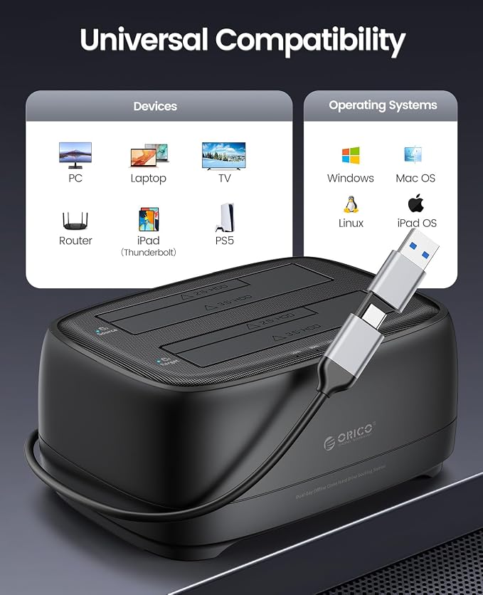 ORICO USB Type C to SATA 2 Bay Hard Drive Docking Station Duplicator/Cloner