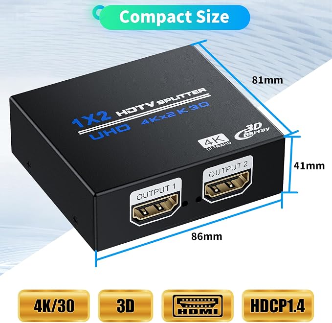 HDMI Splitter 1 in 2 Out 4K, 1x2 Powered HDMI Multi-Port Adapter