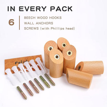 Wood Wall Hooks, 6 Pack Natural Wooden Coat Hooks Wall-Mounted, Rustic Heavy