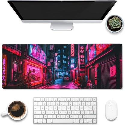 Desk Mat, Japanese Anime Neon Street Desk Pad, Anime City Large Gaming Mouse Pad