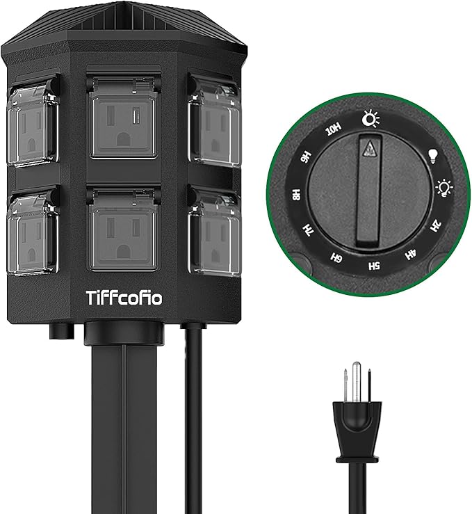 TiFFCOFiO Outdoor Power Strip Timer, Dusk to Dawn Light Sensor Countdown